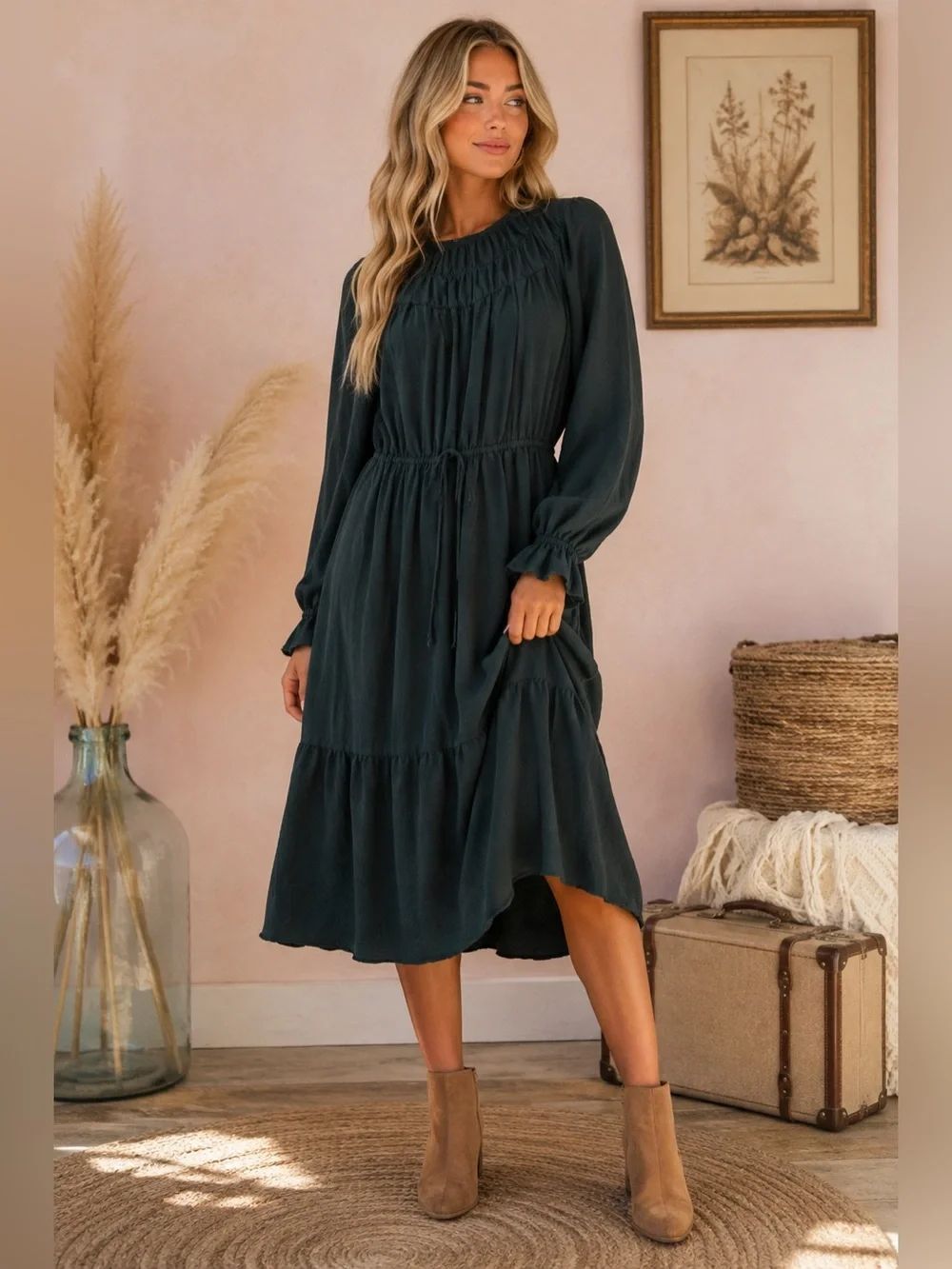 a new day Dark Green Smocked Neck Tiered Midi Dress